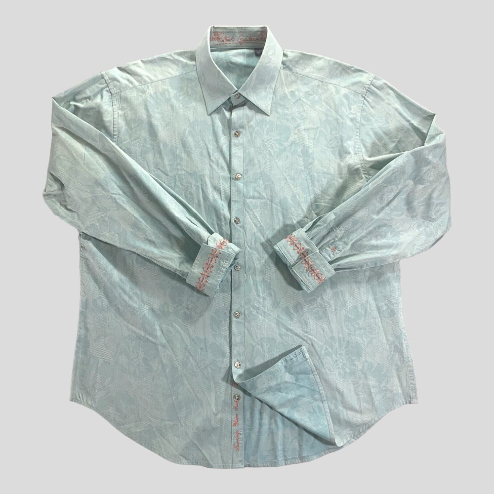 Robert‎ Graham Shirt Men 2XL Flip Cuff Floral Teal Long Sleeve Button Up